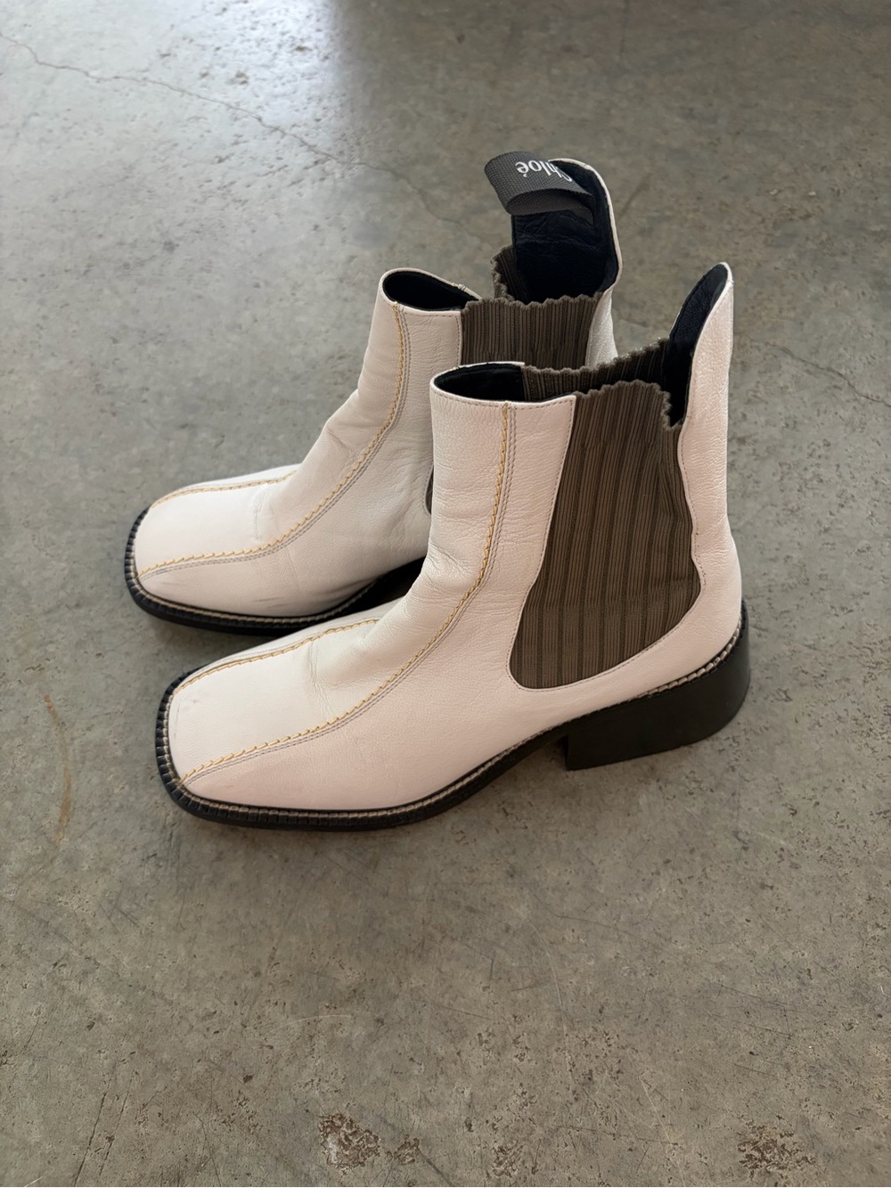 Chloe White Leather Chelsea Boots with Olive Elastic Panels